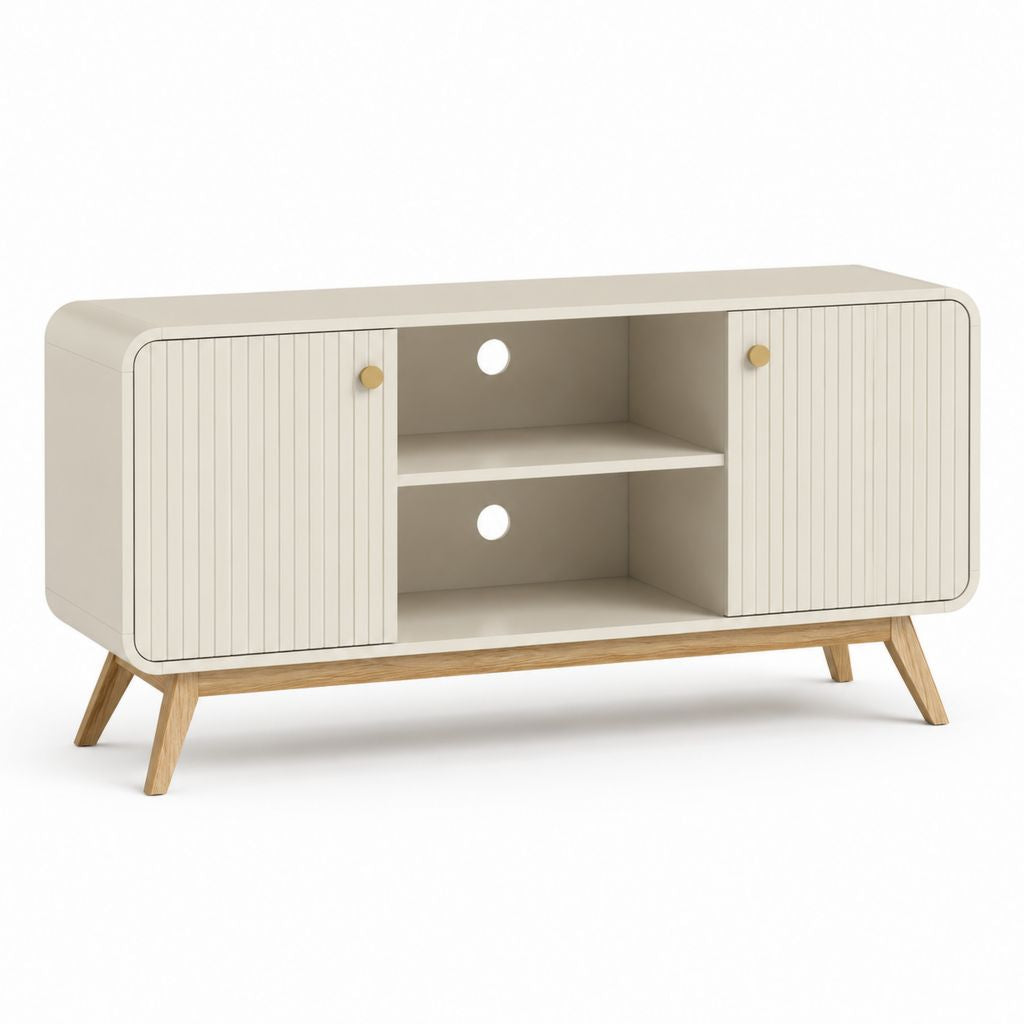 Credenza da soggiorno bianco avorio in MDF con gambe in legno massello 140 x 40 x 75 cm