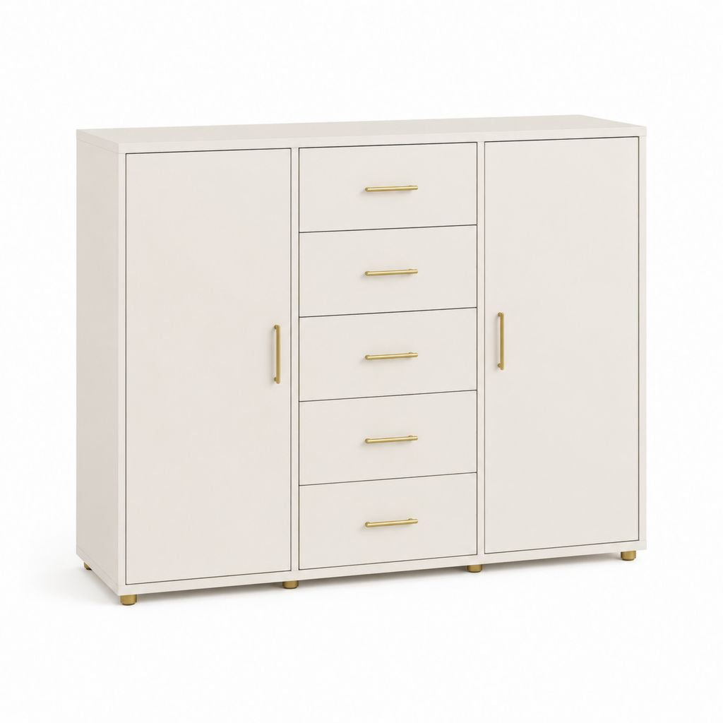 Credenza 2 ante 5 cassetti crema in pannello truciolare melaminico rettangolare 120 x 40 x 100 cm