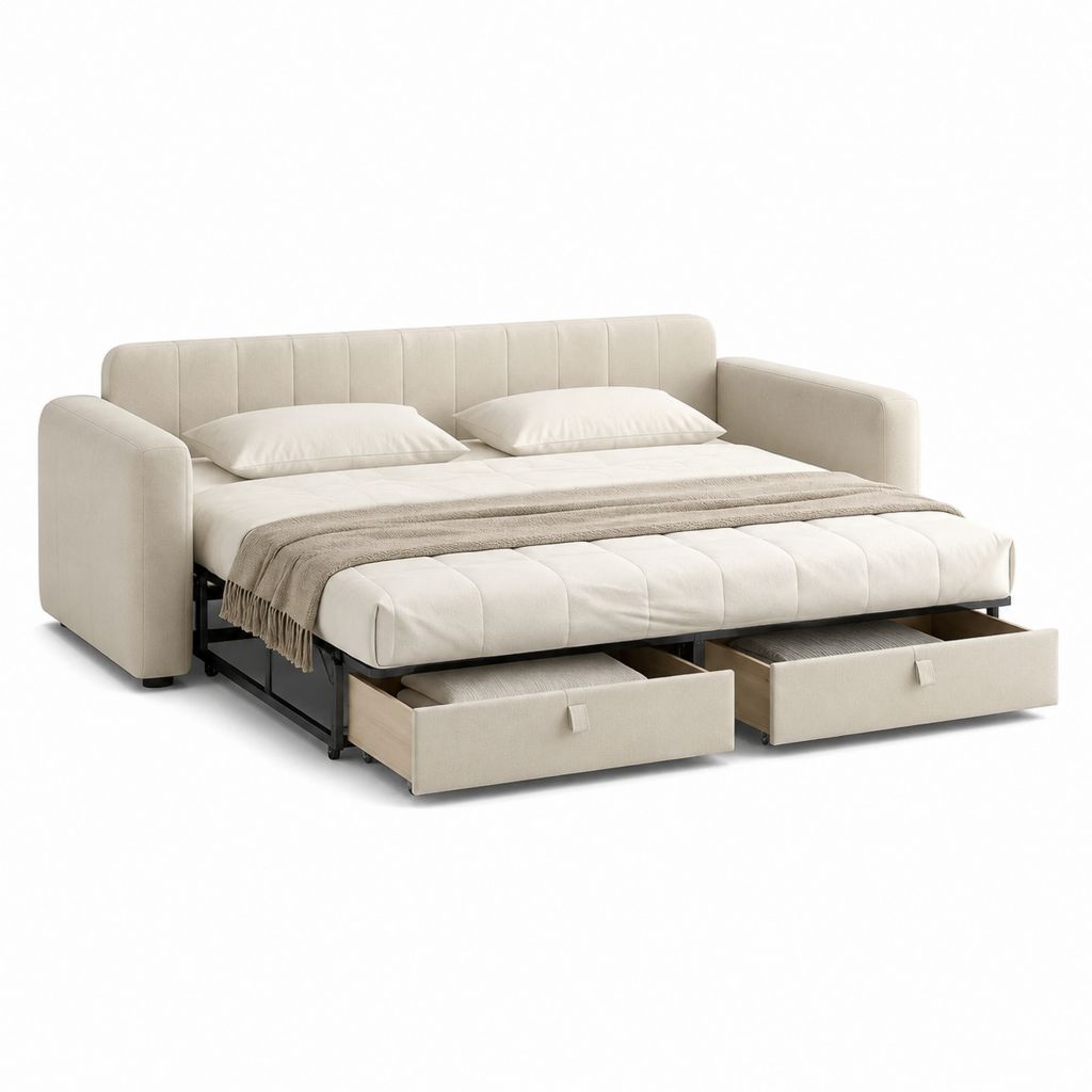 Divano letto matrimoniale estraibile beige in poliestere rettangolare con 2 cassetti 160 x 200 cm