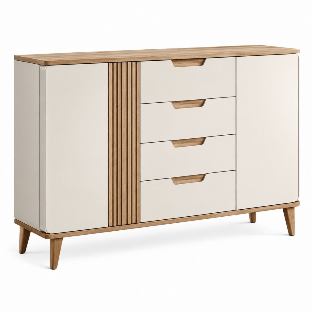 Credenza da sala da pranzo 140 x 40 x 90 cm bianco e rovere in MDF con 2 ante e 4 cassetti
