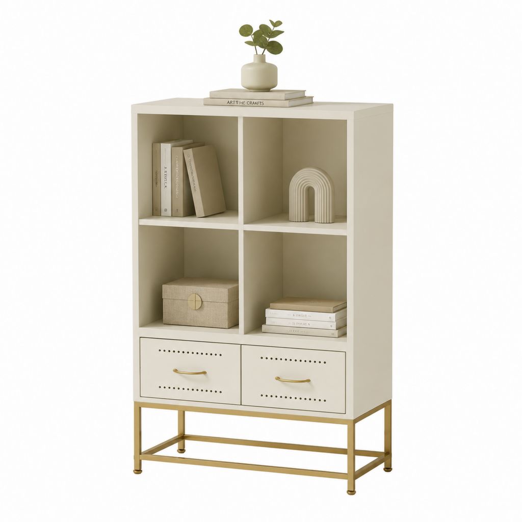 Libreria credenza a 4 vani con 2 cassetti bianco e oro in MDF e acciaio 80 x 35 x 140 cm