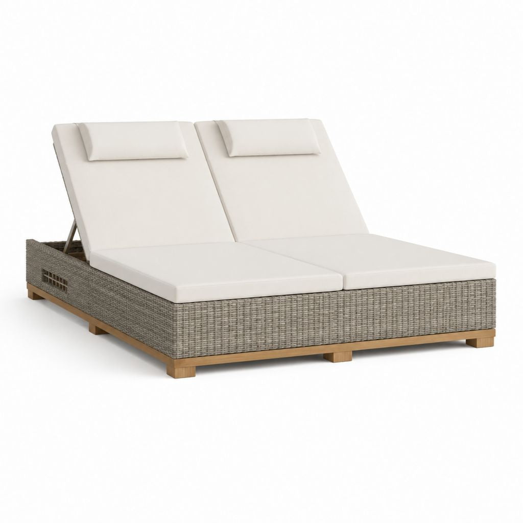 Lettino prendisole doppio da giardino grigio e beige in rattan PE con schienali reclinabili 200 x 140 x 85 cm