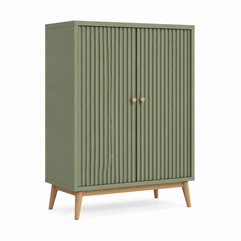 Credenza alta a 2 ante verde salvia in MDF con gambe in legno massello 80 x 40 x 140 cm