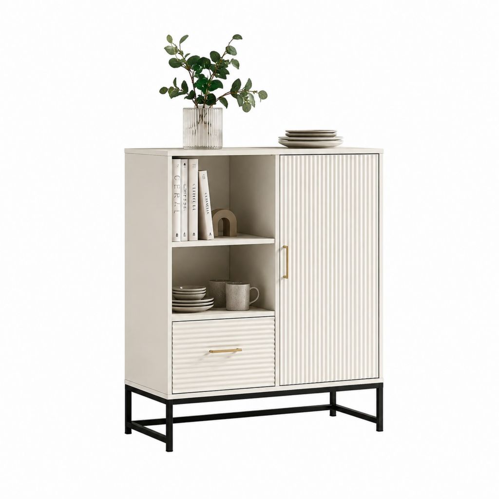 Credenza da sala da pranzo bianco avorio in MDF con ante scanalate 80 x 40 x 100 cm