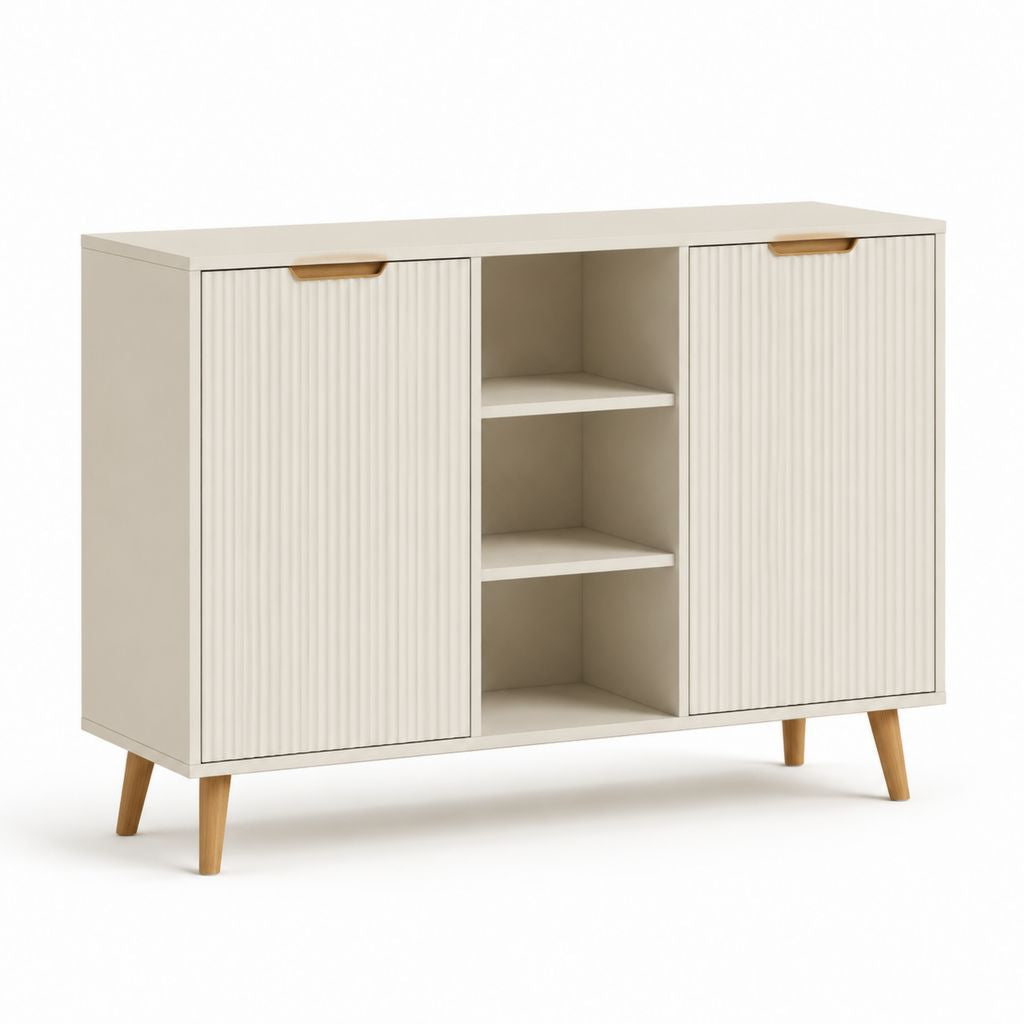 Credenza da sala da pranzo bianco crema in pannello truciolare con 2 ante scanalate 120 x 40 x 90 cm