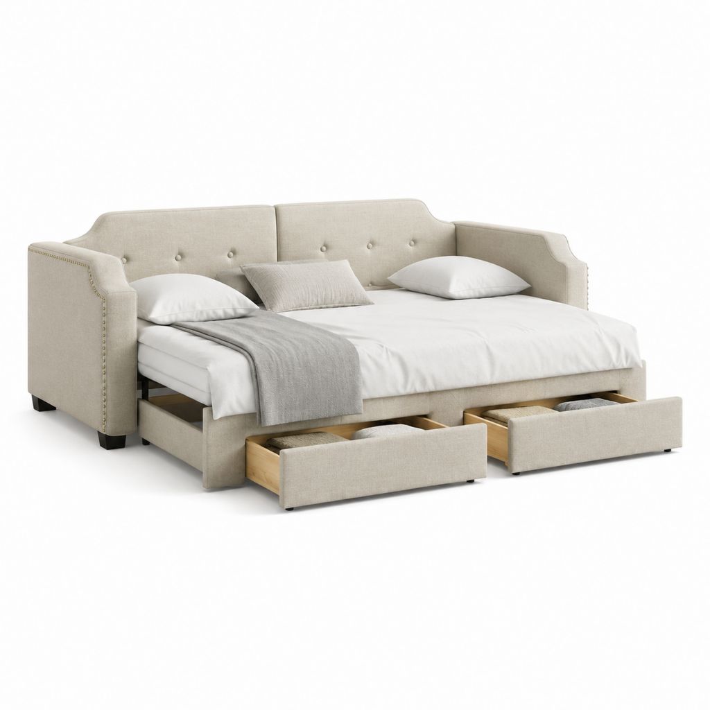 Divano letto matrimoniale beige in poliestere con 2 cassetti 225 x 165 x 90 cm
