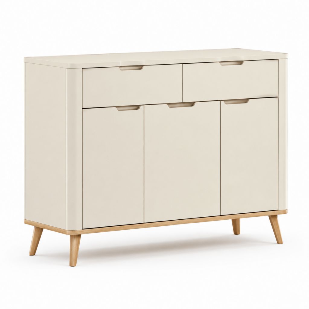 Credenza da pranzo crema in MDF con gambe in legno massello 120 x 40 x 90 cm