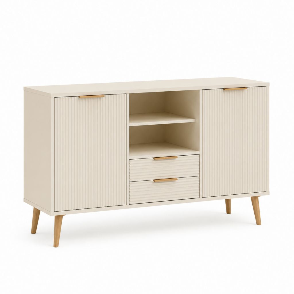 Credenza da sala da pranzo beige in MDF con ante scanalate 120 x 40 x 80 cm