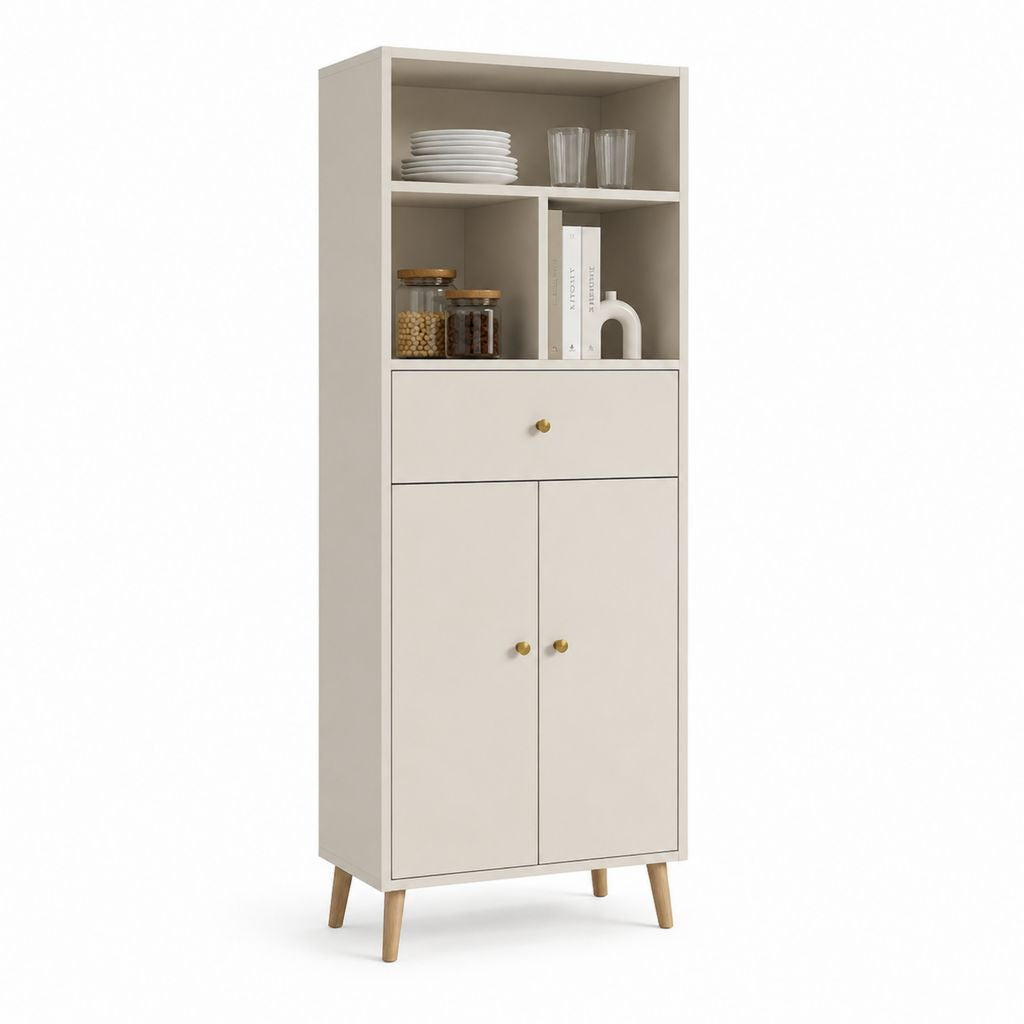 Credenza alta con scaffali 70 x 40 x 180 cm beige in pannello truciolare e gambe in legno massello