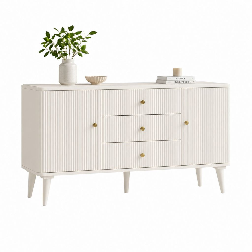 Credenza rettangolare bianca in MDF 160 x 40 x 80 cm con 2 ante scanalate e 3 cassetti