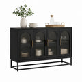 Credenza soggiorno nera in MDF e vetro temperato scanalato rettangolare con 4 ante 160 x 40 x 85 cm