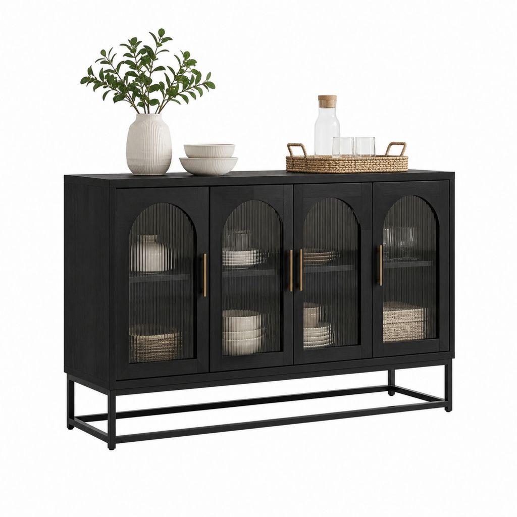 Credenza soggiorno nera in MDF e vetro temperato scanalato rettangolare con 4 ante 160 x 40 x 85 cm