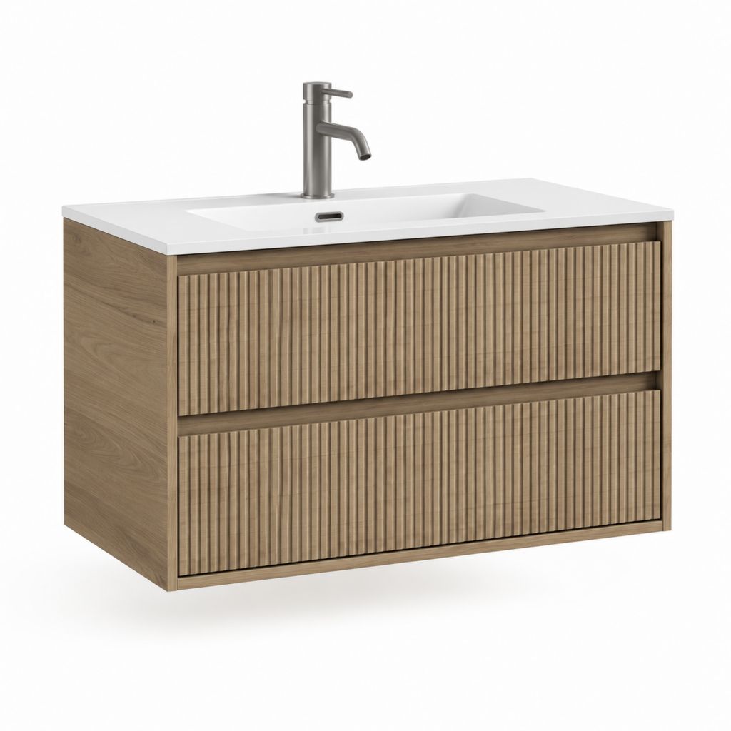 Mobile bagno sospeso con lavabo 80 x 46 x 55 cm rovere chiaro in MDF con 2 cassetti