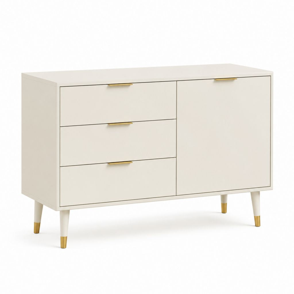 Credenza con 3 cassetti e anta bianco avorio in MDF 120 x 40 x 80 cm