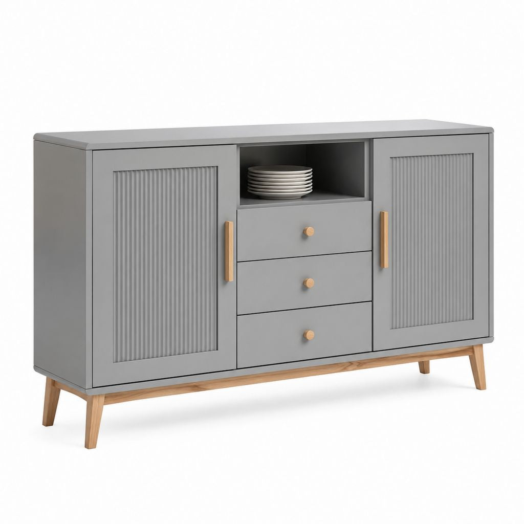 Credenza soggiorno grigia in MDF rettangolare con 2 ante 3 cassetti e vano aperto 140 x 40 x 85 cm