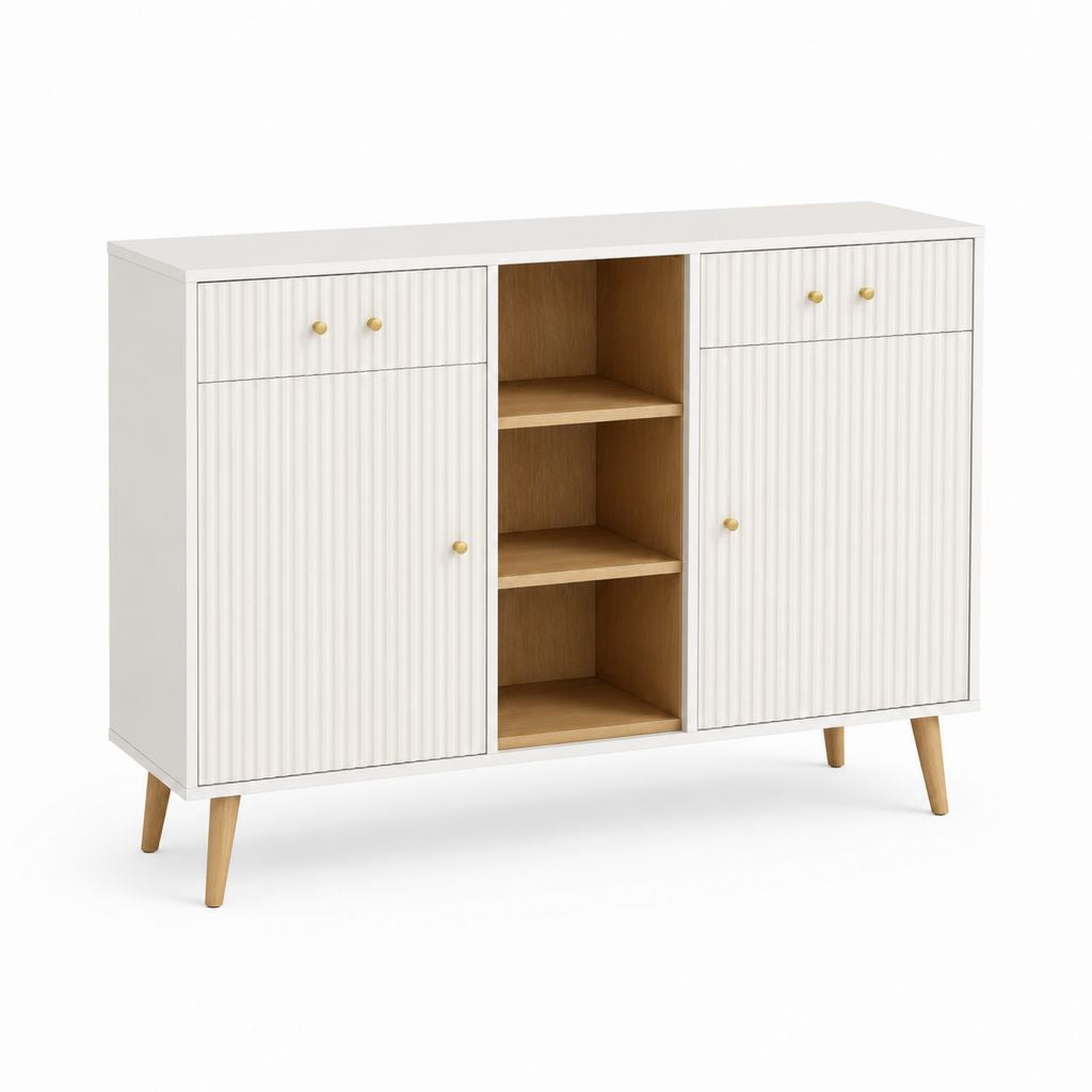 Credenza da sala da pranzo bianca in MDF con ante scanalate e ripiani aperti 120 x 40 x 100 cm